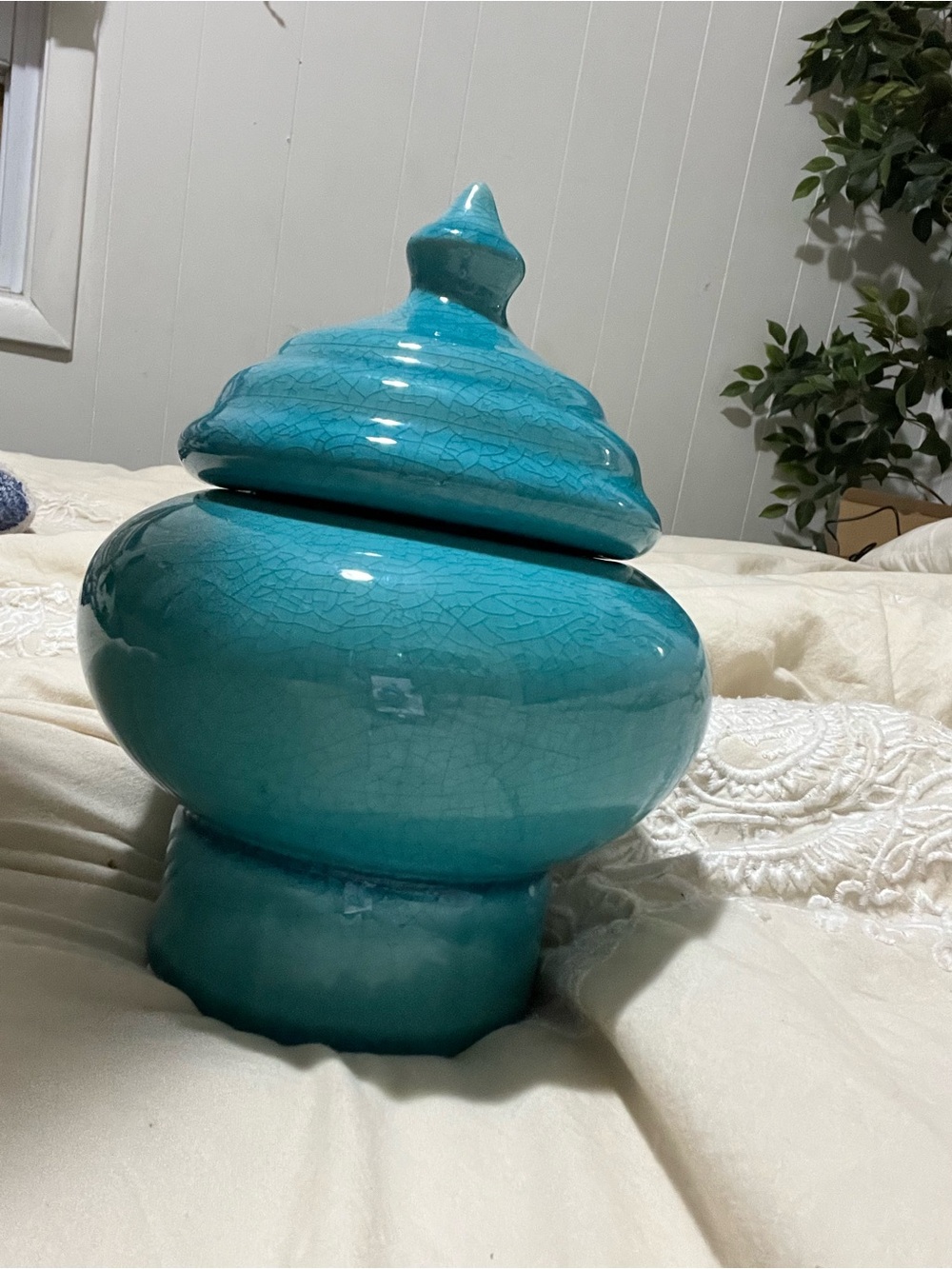 Ceramic Decorative Lidded Jar in Turquoise
